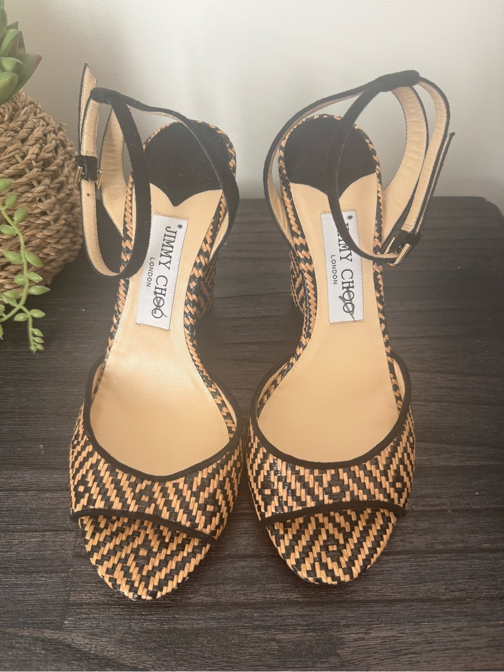 Jimmy Choo Black and Tan Woven Open-Toe Ankle-Strap Heels 37.5 NEW